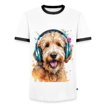 Goldendoodle Casque Chien Animal Design Imprimer - T-shirt contrasté Homme - blanc/noir - Devant - AI Model Female 172 light (172cm) & AI Model Male 178 dark (178cm)