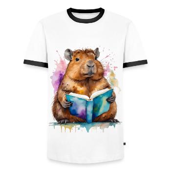 Capybara Reading Book Capy Colorful Animal Design Print - Men's Ringer Shirt - white/black - Front - AI Model Female 172 light (172cm) & AI Model Male 178 dark (178cm)
