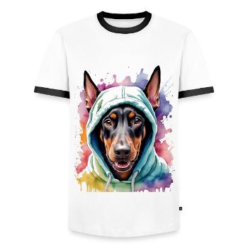 Dobermann Hoodie Hund Bunt Lustig Tier Print - Männer Kontrast-T-Shirt - Weiß/Schwarz - Vorne - AI Model Female 172 light (172cm) & AI Model Male 178 dark (178cm)