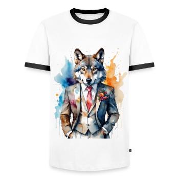 Costume de loup Imprimé coloré de conception d’animaux - T-shirt contrasté Homme - blanc/noir - Devant - AI Model Female 172 light (172cm) & AI Model Male 178 dark (178cm)