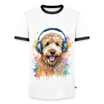 Goldendoodle Casque Chien Animal Design Imprimer - T-shirt contrasté Homme - blanc/noir - Devant - AI Model Female 172 light (172cm) & AI Model Male 178 dark (178cm)