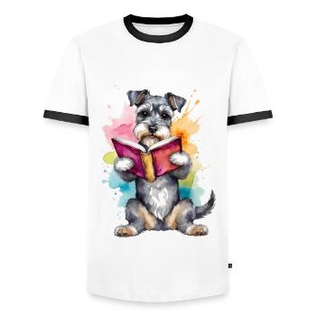 Zwergschnauzer Lesen Hund Lustig Tier Design Print - Männer Kontrast-T-Shirt - Weiß/Schwarz - Vorne - AI Model Female 172 light (172cm) & AI Model Male 178 dark (178cm)