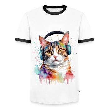 Katze Kopfhörer Bunt Lustig Tier Design Print - Männer Kontrast-T-Shirt - Weiß/Schwarz - Vorne - AI Model Female 172 light (172cm) & AI Model Male 178 dark (178cm)
