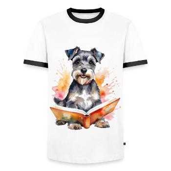 Zwergschnauzer Lesen Hund Lustig Tier Design Print - Männer Kontrast-T-Shirt - Weiß/Schwarz - Vorne - AI Model Female 172 light (172cm) & AI Model Male 178 dark (178cm)