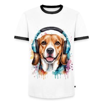 Beagle Kopfhörer Hund Lustig Tier Design Print - Männer Kontrast-T-Shirt - Weiß/Schwarz - Vorne - AI Model Female 172 light (172cm) & AI Model Male 178 dark (178cm)