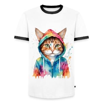 Katze Hoodie Bunt Lustig Tier Design Print - Männer Kontrast-T-Shirt - Weiß/Schwarz - Vorne - AI Model Female 172 light (172cm) & AI Model Male 178 dark (178cm)