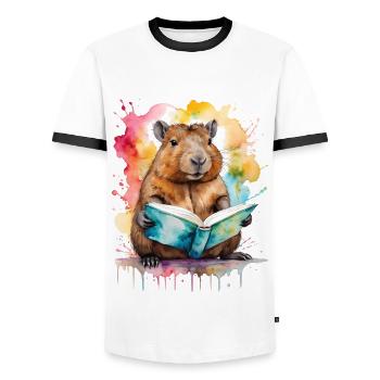 Capybara Reading Book Capy Colorful Animal Design Print - Men's Ringer Shirt - white/black - Front - AI Model Female 172 light (172cm) & AI Model Male 178 dark (178cm)