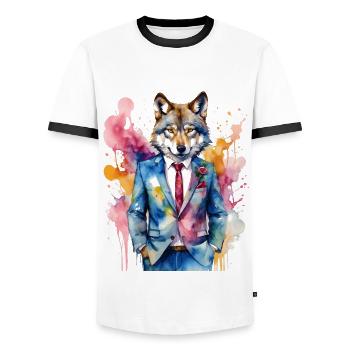 Costume de loup Imprimé coloré de design d’animaux - T-shirt contrasté Homme - blanc/noir - Devant - AI Model Female 172 light (172cm) & AI Model Male 178 dark (178cm)