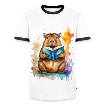 Capybara Reading Book Capy Colorful Animal Design Print - Men's Ringer Shirt - white/black - Front - AI Model Female 172 light (172cm) & AI Model Male 178 dark (178cm)