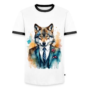 Costume de loup Imprimé coloré de design d’animaux - T-shirt contrasté Homme - blanc/noir - Devant - AI Model Female 172 light (172cm) & AI Model Male 178 dark (178cm)