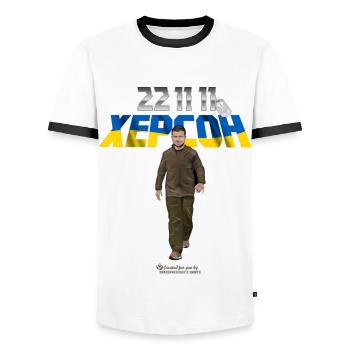 Kherson Liberation Day November 11, 2022 - Men's Ringer Shirt - white/black - Front - AI Model Female 172 light (172cm) & AI Model Male 178 dark (178cm)