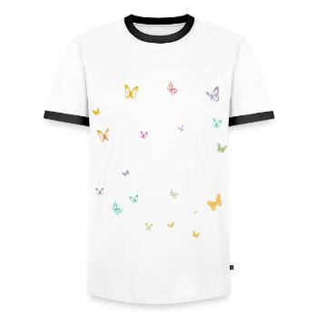 To quote Hamlet Act III, Scene III, Line 87 - NO - Men's Ringer Shirt - white/black - Front - AI Model Female 172 light (172cm) & AI Model Male 178 dark (178cm)