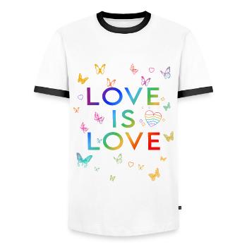 L’amour, c’est l’amour ! Déclaration Gay Pride LGBTQI+ - T-shirt contrasté Homme - blanc/noir - Devant - AI Model Female 172 light (172cm) & AI Model Male 178 dark (178cm)