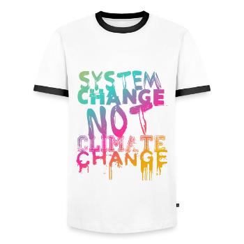 System Change - not Climate Change - Men's Ringer Shirt - white/black - Front - AI Model Female 172 light (172cm) & AI Model Male 178 dark (178cm)