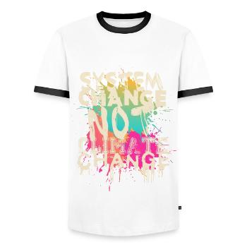 System Change - not Climate Change - Men's Ringer Shirt - white/black - Front - AI Model Female 172 light (172cm) & AI Model Male 178 dark (178cm)