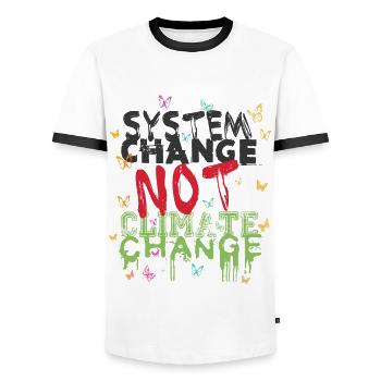 System Change - not Climate Change - Men's Ringer Shirt - white/black - Front - AI Model Female 172 light (172cm) & AI Model Male 178 dark (178cm)