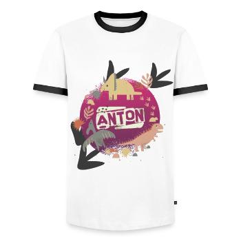 ANTON - Schöner Jungen Name mit süßen Dinosaurier - Männer Kontrast-T-Shirt - Weiß/Schwarz - Vorne - AI Model Female 172 light (172cm) & AI Model Male 178 dark (178cm)