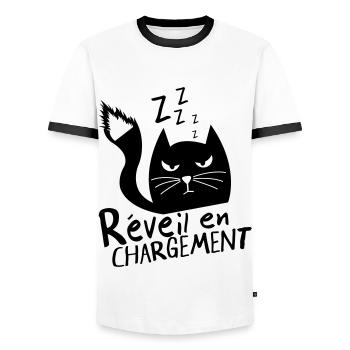 Chat grognon, réveil en chargement ! humour - T-shirt contrasté Homme - blanc/noir - Devant - AI Model Female 172 light (172cm) & AI Model Male 178 dark (178cm)
