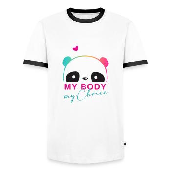 My Body - My Choice - Men's Ringer Shirt - white/black - Front - AI Model Female 172 light (172cm) & AI Model Male 178 dark (178cm)
