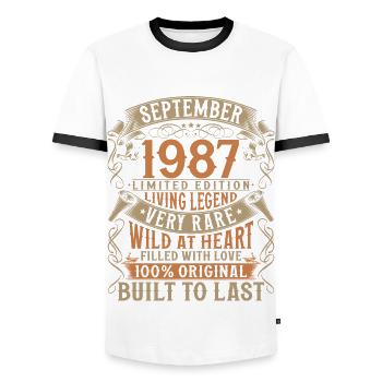 Septembre 1987 Anniversaire de naissance - T-shirt contrasté Homme - blanc/noir - Devant - AI Model Female 172 light (172cm) & AI Model Male 178 dark (178cm)