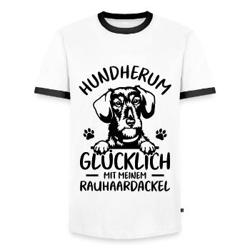 Teckel Dachshund Glücklich mit Rauhaardackel - Männer Kontrast-T-Shirt - Weiß/Schwarz - Vorne - AI Model Female 172 light (172cm) & AI Model Male 178 dark (178cm)