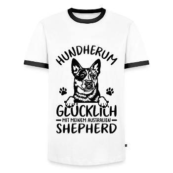 Schäferhund Glücklich mit Australian Shepherd - Männer Kontrast-T-Shirt - Weiß/Schwarz - Vorne - AI Model Female 172 light (172cm) & AI Model Male 178 dark (178cm)