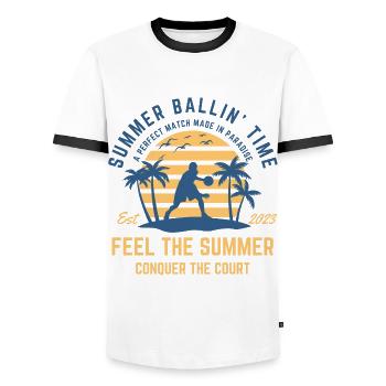 Basketball summer on the beach under palm trees - Men's Ringer Shirt - white/black - Front - AI Model Female 172 light (172cm) & AI Model Male 178 dark (178cm)
