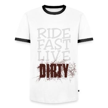 RIDE FAST LIVE DIRTY – Mountainbike - Motocross - Männer Kontrast-T-Shirt - Weiß/Schwarz - Vorne - AI Model Female 172 light (172cm) & AI Model Male 178 dark (178cm)
