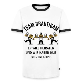 Team Bräutigam (Karikatur / Bier Im Kopf / 3C / B) - Männer Kontrast-T-Shirt - Weiß/Schwarz - Vorne - AI Model Female 172 light (172cm) & AI Model Male 178 dark (178cm)