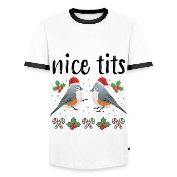 Tufted Titmouse Nice Tits Festive Christmas Birds - Men's Ringer Shirt - white/black - Front - AI Model Female 172 light (172cm) & AI Model Male 178 dark (178cm)