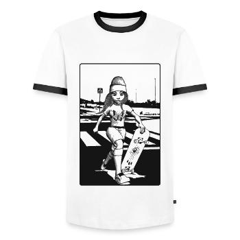 Adolescente avec skateboard | Papillon sur chemise - T-shirt contrasté Homme - blanc/noir - Devant - AI Model Female 172 light (172cm) & AI Model Male 178 dark (178cm)