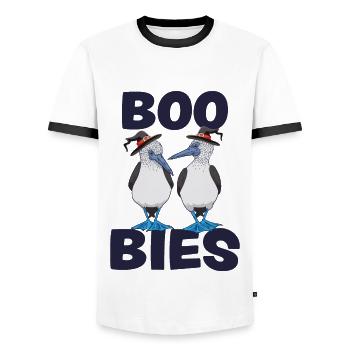 BOO BIES Funny Booby Bird Halloween Costume - Men's Ringer Shirt - white/black - Front - AI Model Female 172 light (172cm) & AI Model Male 178 dark (178cm)