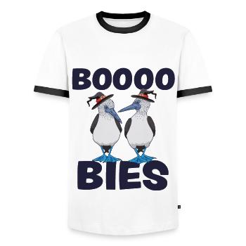 Funny Halloween Costume Booby Bird BOOOO BIES - Men's Ringer Shirt - white/black - Front - AI Model Female 172 light (172cm) & AI Model Male 178 dark (178cm)