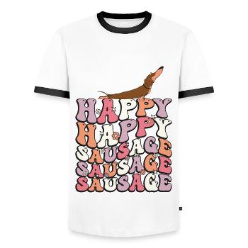 Happy Sausage Dog Groovy Dachshund 70s - T-shirt contrasté Homme - blanc/noir - Devant - AI Model Female 172 light (172cm) & AI Model Male 178 dark (178cm)