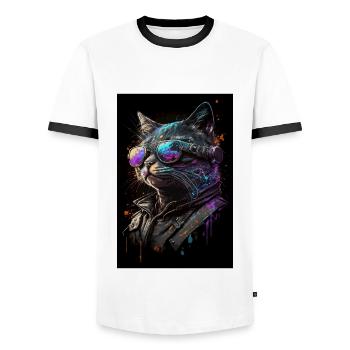 Chat motard cool - T-shirt contrasté Homme - blanc/noir - Devant - AI Model Female 172 light (172cm) & AI Model Male 178 dark (178cm)