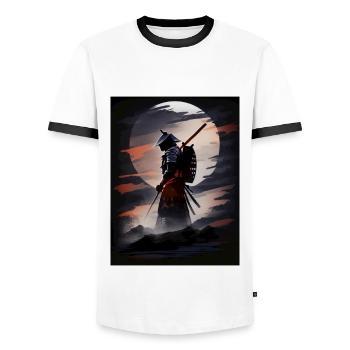 Japanese Samurai Warrior At Night - Men's Ringer Shirt - white/black - Front - AI Model Female 172 light (172cm) & AI Model Male 178 dark (178cm)