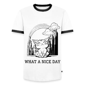 Cat passe une belle journée en ville - T-shirt contrasté Homme - blanc/noir - Devant - AI Model Female 172 light (172cm) & AI Model Male 178 dark (178cm)