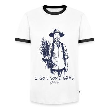 Chinese Rice Farmer Says, I Have Some Grass - Men's Ringer Shirt - white/black - Front - AI Model Female 172 light (172cm) & AI Model Male 178 dark (178cm)