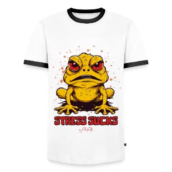 Angry Frog Toad says: Stress sucks - Men's Ringer Shirt - white/black - Front - AI Model Female 172 light (172cm) & AI Model Male 178 dark (178cm)