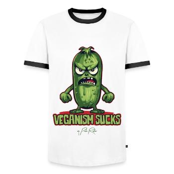 Cartoon Cucumber says: Veganism is stupid - Men's Ringer Shirt - white/black - Front - AI Model Female 172 light (172cm) & AI Model Male 178 dark (178cm)