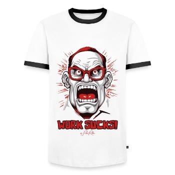 Un travailleur en colère crie : le travail est ennuyeux - T-shirt contrasté Homme - blanc/noir - Devant - AI Model Female 172 light (172cm) & AI Model Male 178 dark (178cm)