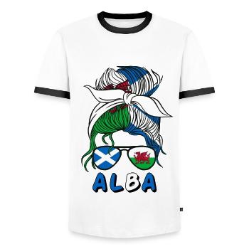 Cymru Half Scottish Half Welsh Girl Wales Scotland - Men's Ringer Shirt - white/black - Front - AI Model Female 172 light (172cm) & AI Model Male 178 dark (178cm)