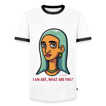 What are you? I Am Art: Portrait Cartoon - Men's Ringer Shirt - white/black - Front - AI Model Female 172 light (172cm) & AI Model Male 178 dark (178cm)