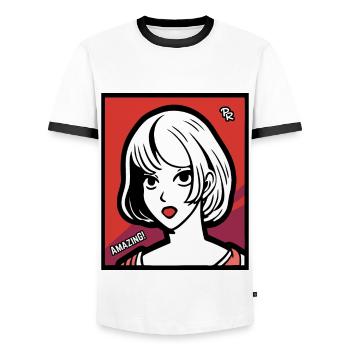 Cartoon Anime Girl, Mouth Open, Astonishment - Men's Ringer Shirt - white/black - Front - AI Model Female 172 light (172cm) & AI Model Male 178 dark (178cm)