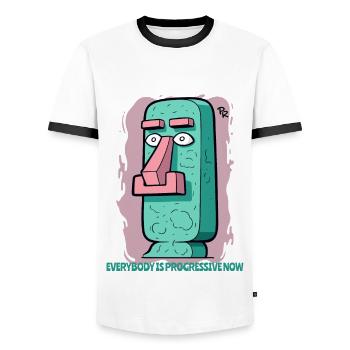 modern, advanced moai statue Easter Island - Men's Ringer Shirt - white/black - Front - AI Model Female 172 light (172cm) & AI Model Male 178 dark (178cm)