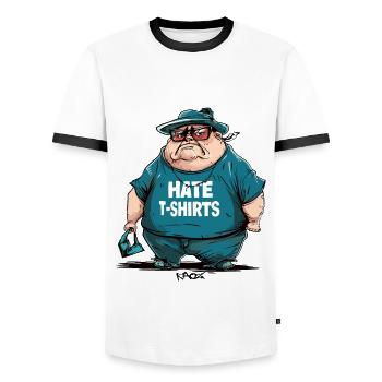 Sarcasm, big guy says, "I hate t-shirts" - Men's Ringer Shirt - white/black - Front - AI Model Female 172 light (172cm) & AI Model Male 178 dark (178cm)