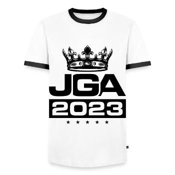 Jga 2023 Enterrement de vie de garçon - T-shirt contrasté Homme - blanc/noir - Devant - AI Model Female 172 light (172cm) & AI Model Male 178 dark (178cm)