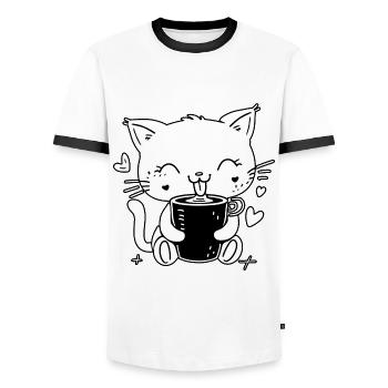 Katze Kaffee Katzenliebhaber Kaffeeliebhaber - Männer Kontrast-T-Shirt - Weiß/Schwarz - Vorne - AI Model Female 172 light (172cm) & AI Model Male 178 dark (178cm)