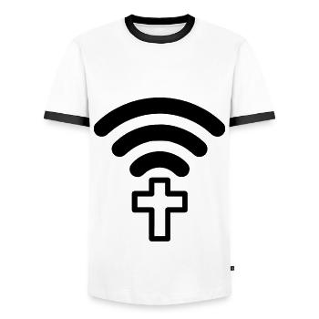 Connect Jesus God Church Pilgrimage Pilgrimage - Men's Ringer Shirt - white/black - Front - AI Model Female 172 light (172cm) & AI Model Male 178 dark (178cm)