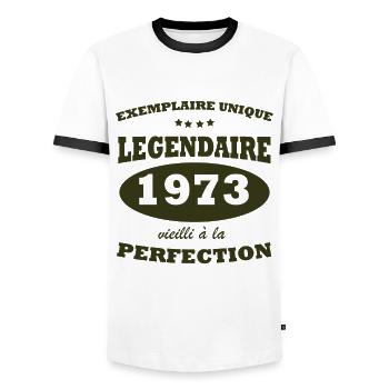 Vintage unique copy 1973 Limited edition - Men's Ringer Shirt - white/black - Front - AI Model Female 172 light (172cm) & AI Model Male 178 dark (178cm)